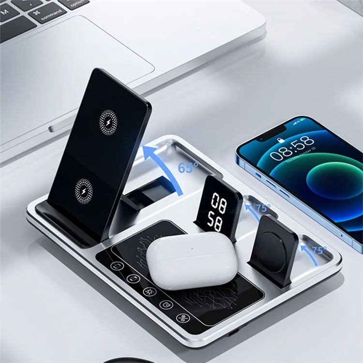R11 Multifunctional 4 in 1 Wireless Charger Folding Portable Charging Station with Digital Display, White Light, Time Function ( Silver ) R11 Multifunctional 4 in 1 Wireless Charger Folding Portable Charging Station with Digital Display, White Light, Time Function ( Silver )